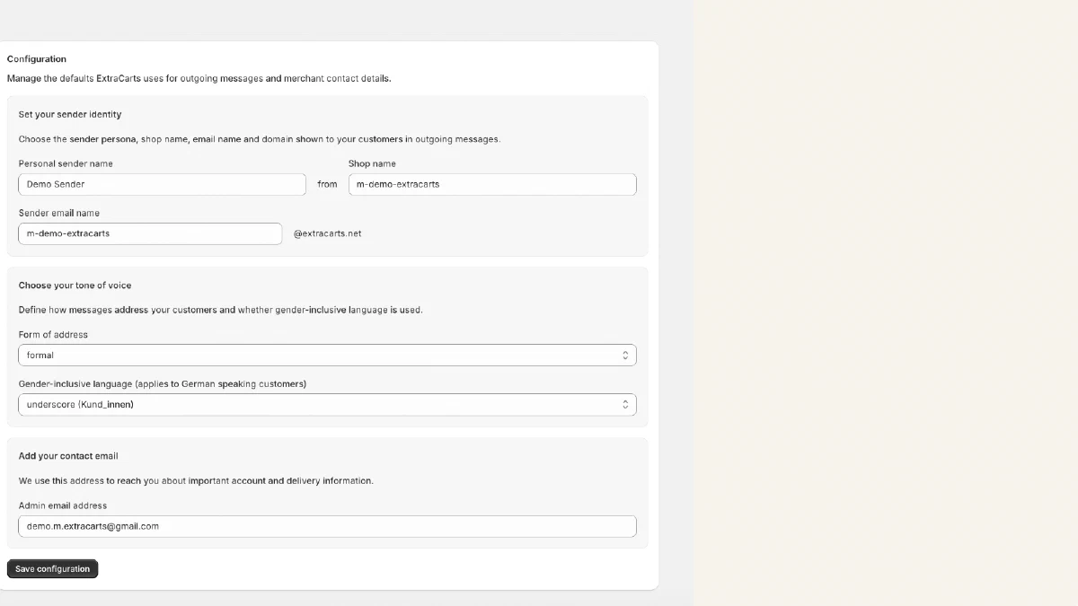 The configuration page: sender identity, tone of voice including gender-inclusive language, and contact email